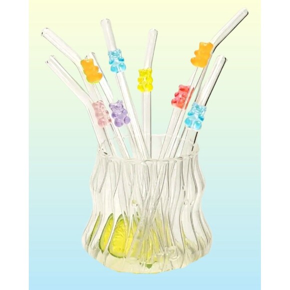 NEW! Six Glass Gummy Bear Icon Drinking Straws Multicolor Rainbow Reusable Brush - Picture 5 of 6